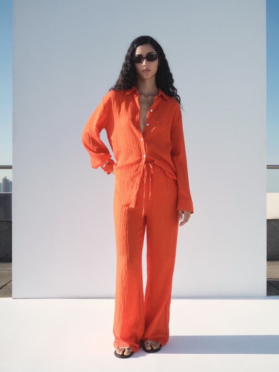 Mango Tops - MANGO Crinkled Effect Orange Red Button Down Shirt + Wide Leg Pants (2 pc set)